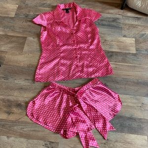 VS Vintage Polka Dot Silky Satin Button Down Shirt & Shorts Pajama Set